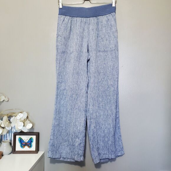 Lands End Womens Linen Pants Petite Size 4 Blue Mid Rise Leg Elastic Waist - Picture 1 of 10